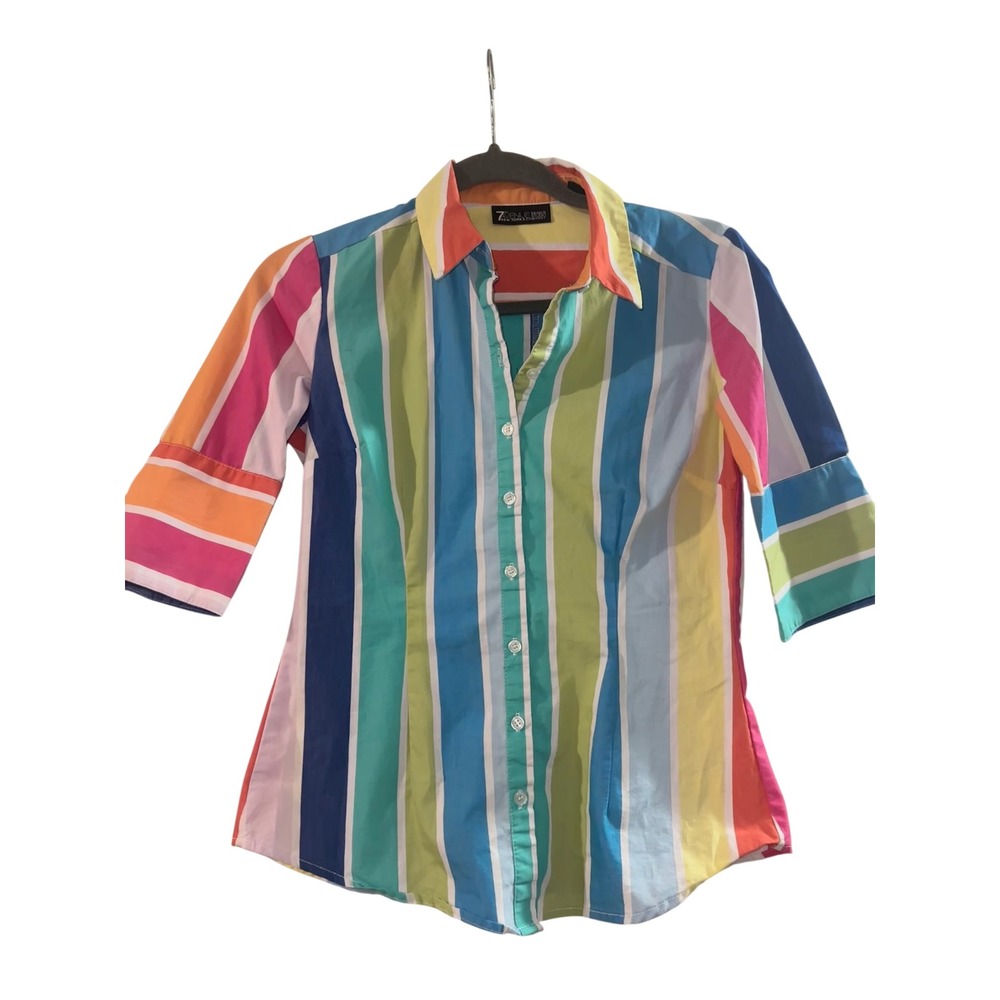 New York & Company 7th Avenue Striped Button‎ Down Shirt Petite XS Multi-Color